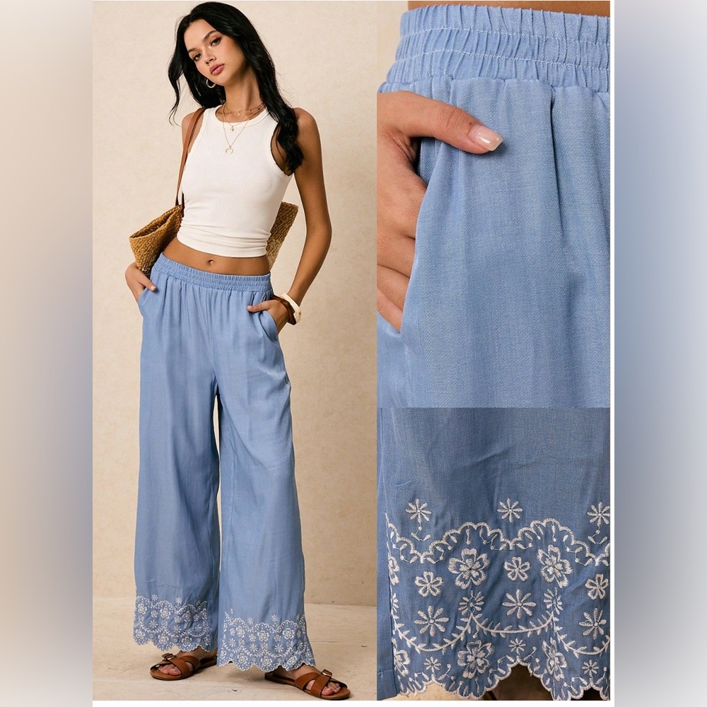 Blue Embroidered Design On The Hem Pants